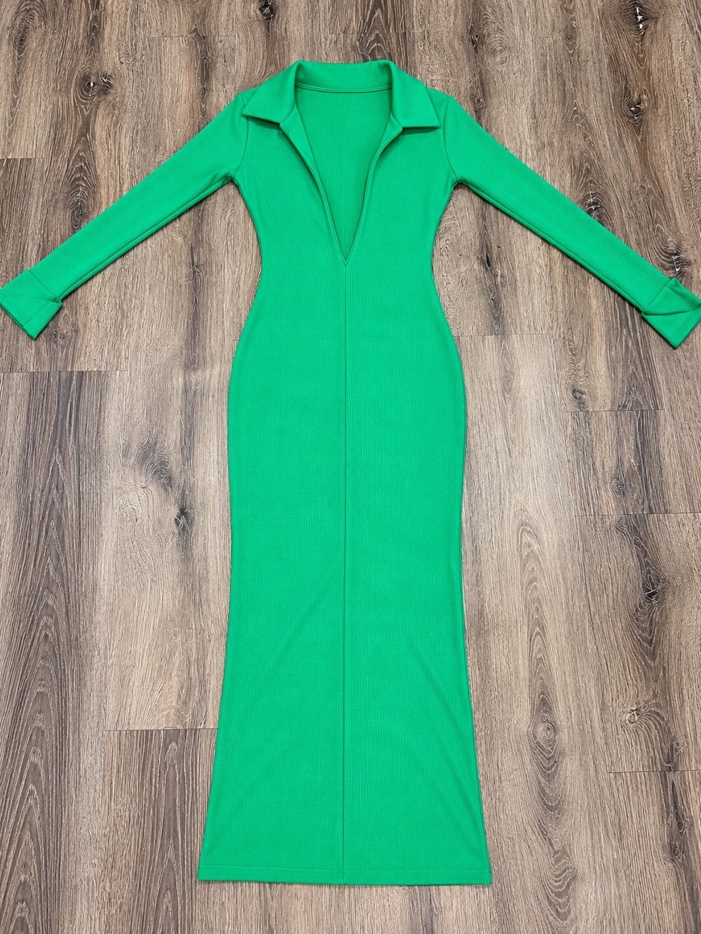 Green Long Sleeve Ribbed Midi Dress